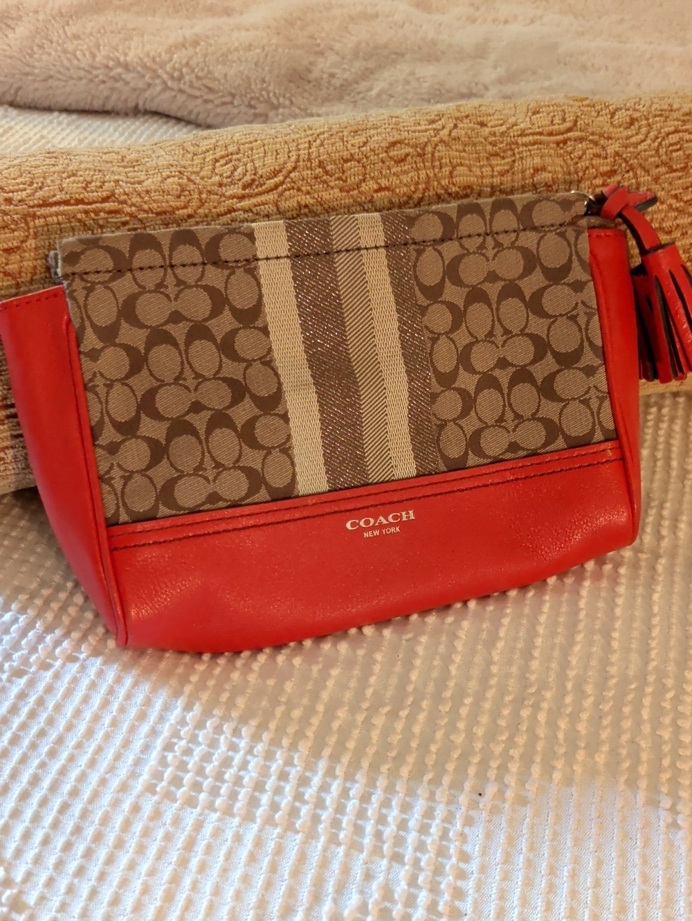 Coach Red Signature Stripe Leather Canvas Wristlet